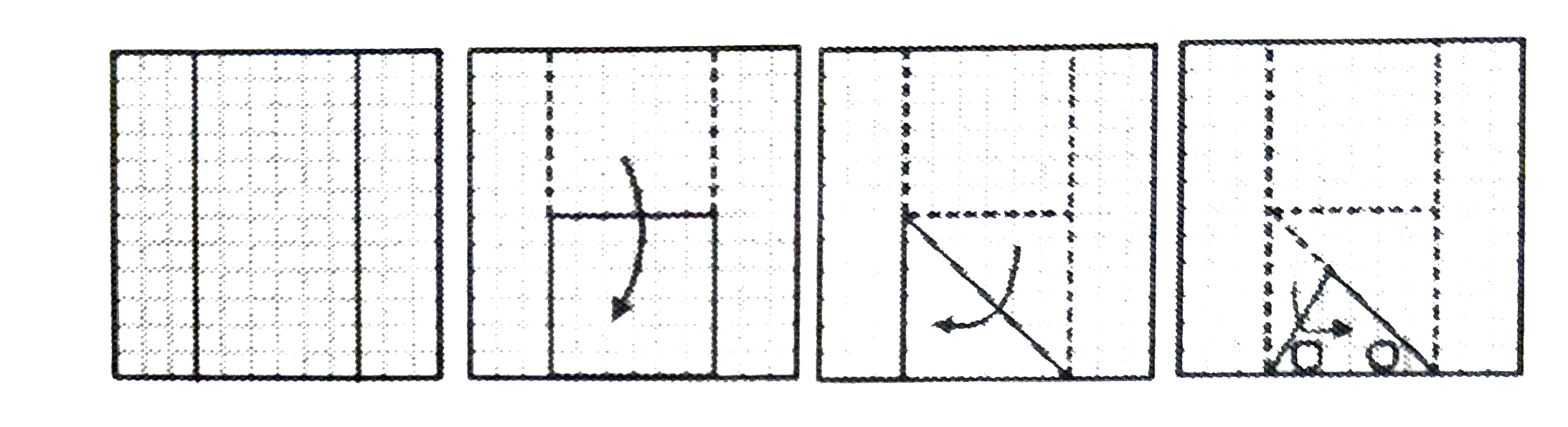 यदि किसी कागज को नीचे प्रश्न आकृतियों में दिखाए अनुसार मोड़कर काटा जाए तो खोलने के बाद वह किस उत्तर आकृति जैसा दिखाई देगा ?    प्रश्न आकृतियाँ :