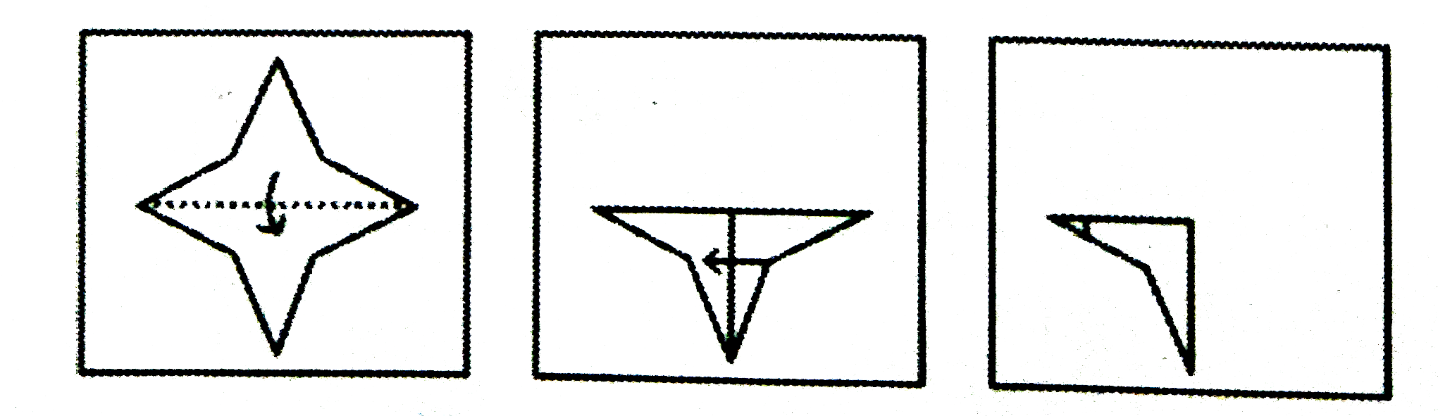 नीचे प्रश्न आकृतियों में दर्शाए  अनुसार कागज़ को मोड़कर छेदने  तथा खोलने के बाद वह किस उत्तर आकृति जैसा दिखाई देगा ?    प्रश्न आकृति  :