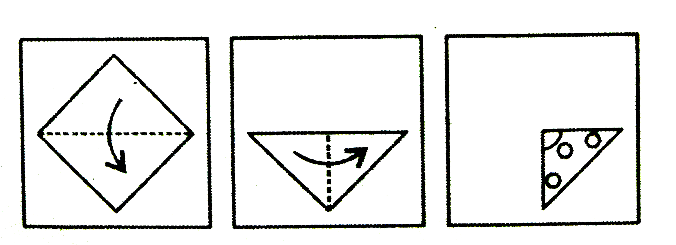 नीचे के  प्रश्न आकृतियों में दिखाए   अनुसार कागज़ को मोड़कर छेदने  तथा खोलने के बाद वह किस उत्तर आकृति जैसा दिखाई देगा ?    प्रश्न आकृति  :