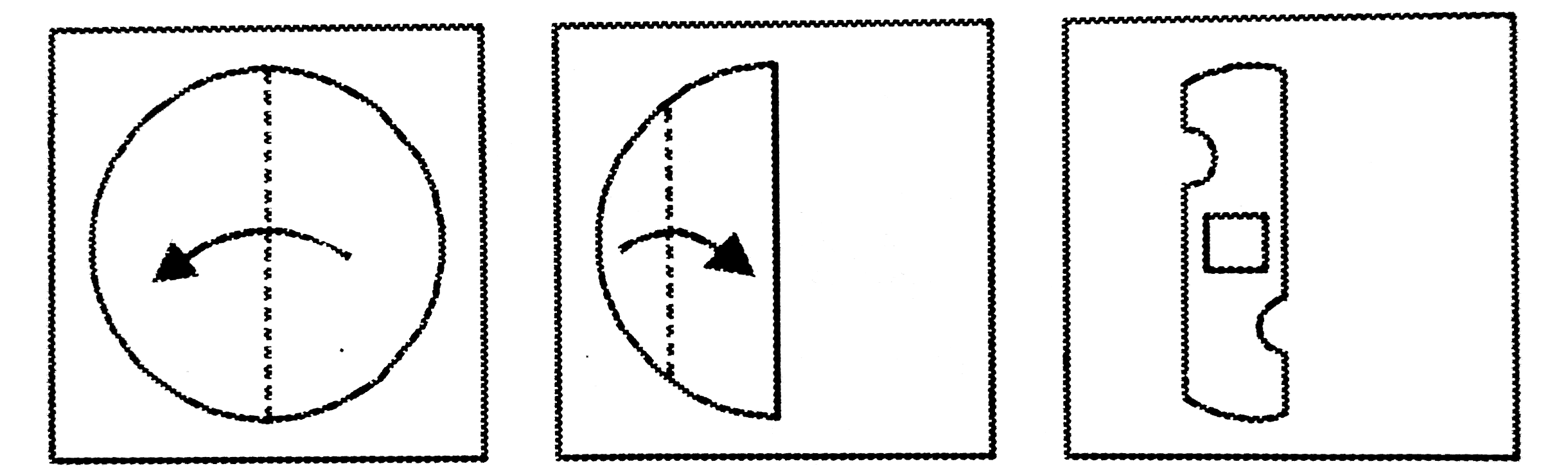 नीचे के  प्रश्न आकृतियों में दिखाए   अनुसार कागज़ को मोड़कर छेदने  तथा खोलने के बाद वह किस उत्तर आकृति जैसा दिखाई देगा ?    प्रश्न आकृति  :