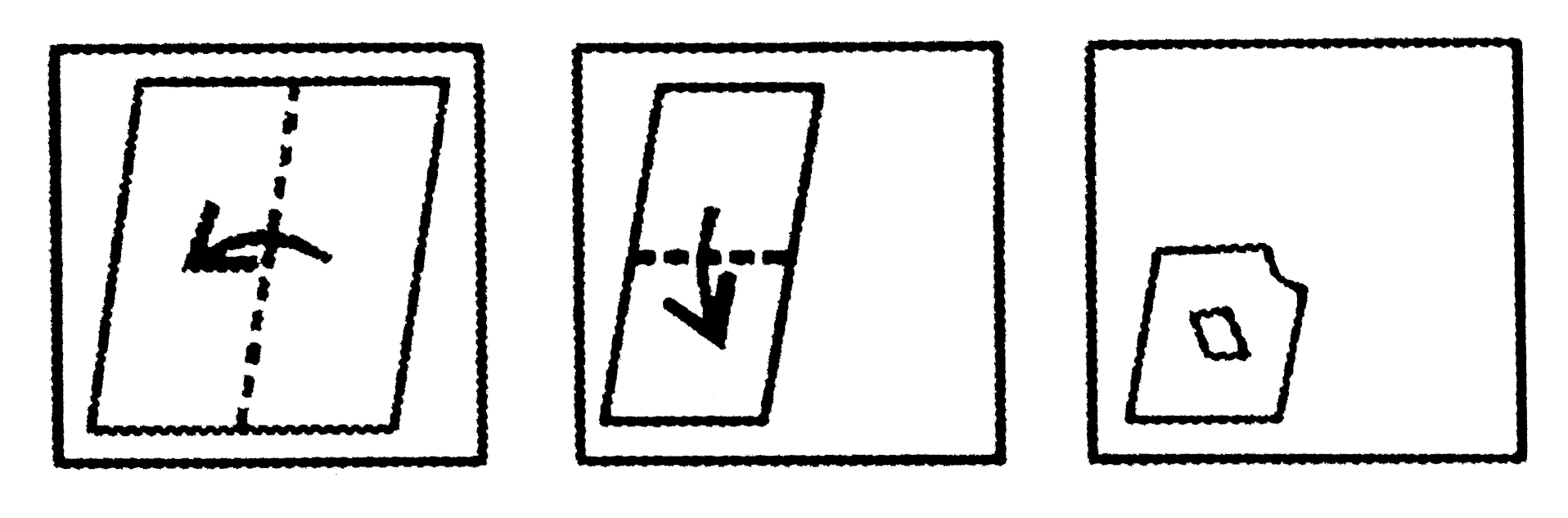 नीचे के  प्रश्न आकृतियों में दिखाए   अनुसार कागज़ को मोड़कर छेदने  तथा खोलने के बाद वह किस उत्तर आकृति जैसा दिखाई देगा ?    प्रश्न आकृति  :