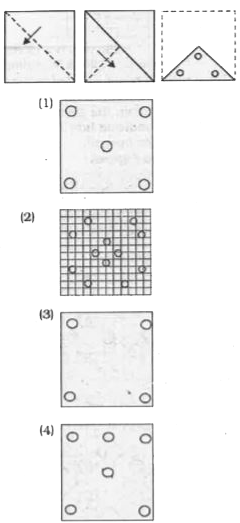 A piece of paper is folded and punched as shown below in the question figures. From the given answer figures, indicate how it will appear when opened.