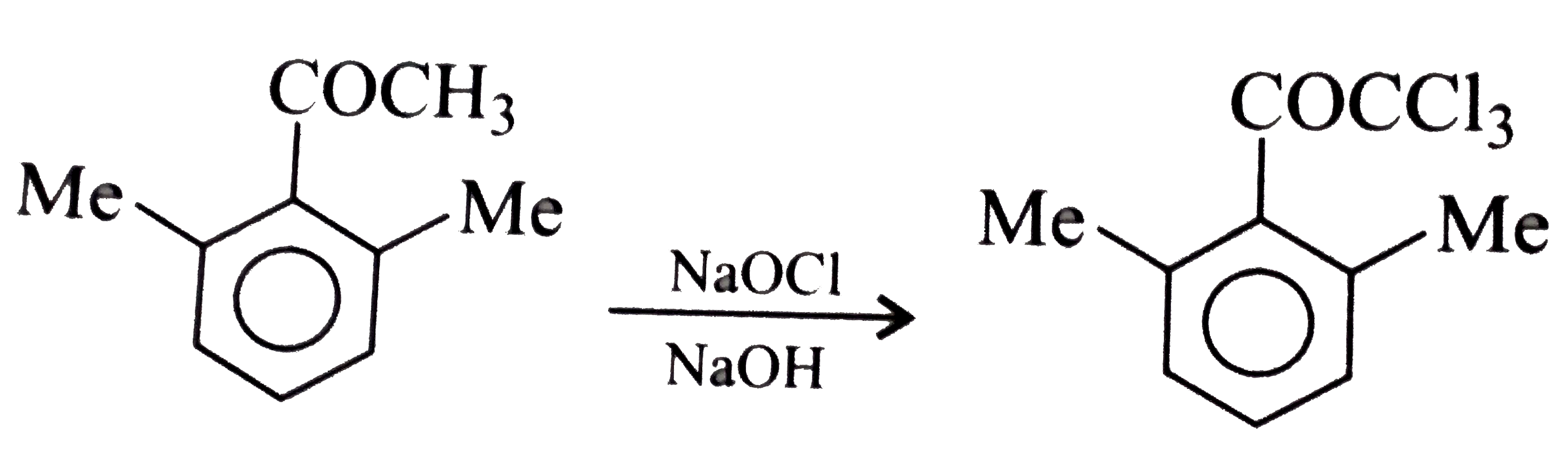 a. PhCOH(3) overset(NaOCI)underset(NaOH)rarr PhCOONa+CHCl(3)   b.    Both have (-COCH(3)) group, but haloform is formed in (a) only, Explain.