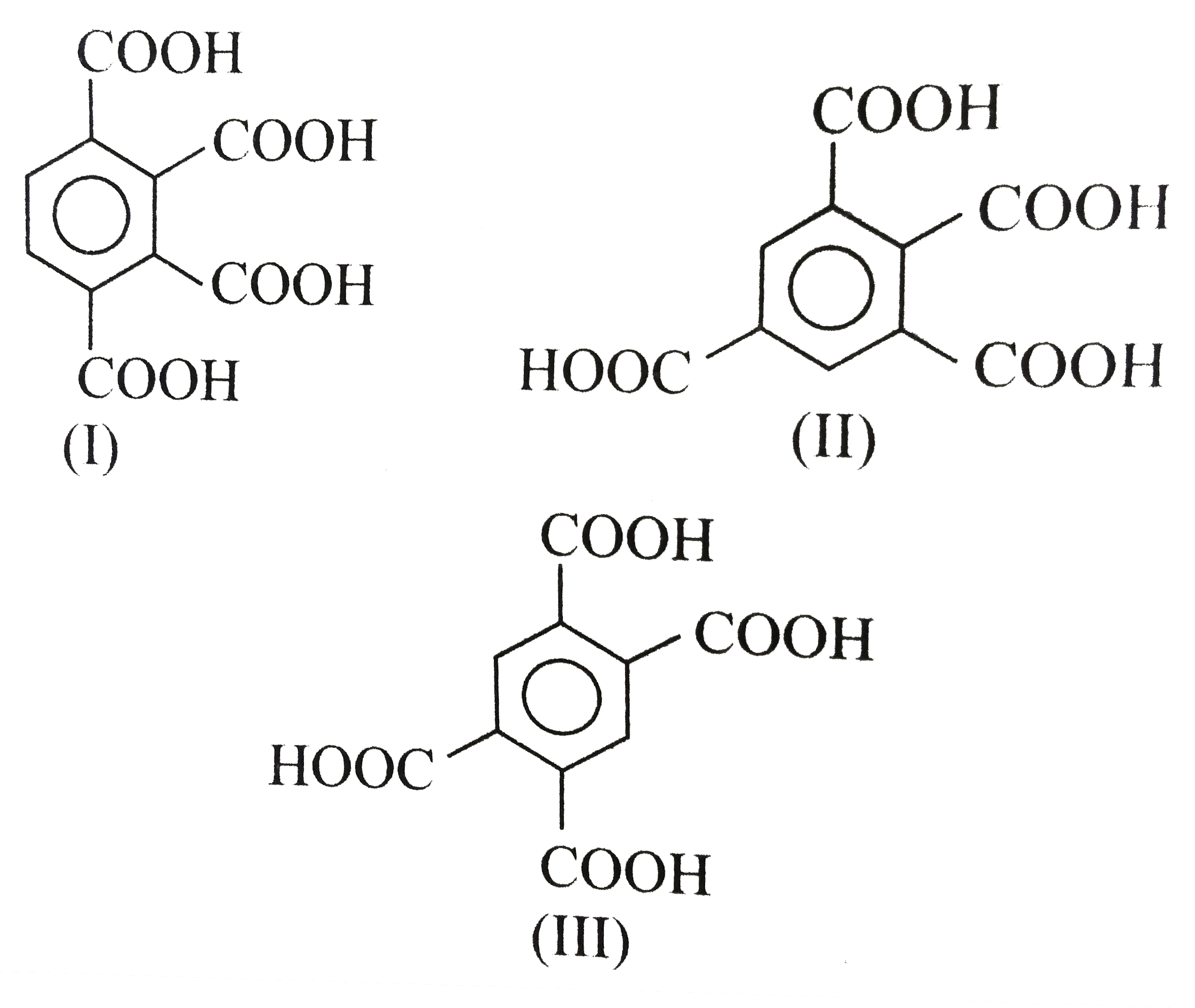 Three isomeric tetracarboxylic acids (I),(II), and (III) are given.      They can be distinguised by anhydride formation by treating with one equivalent and two equivalents of SOCl2.   Which tetracarboxylic acid on reaction with one equivalent of SOCl2 gives two isomeric monoanhydrides ?
