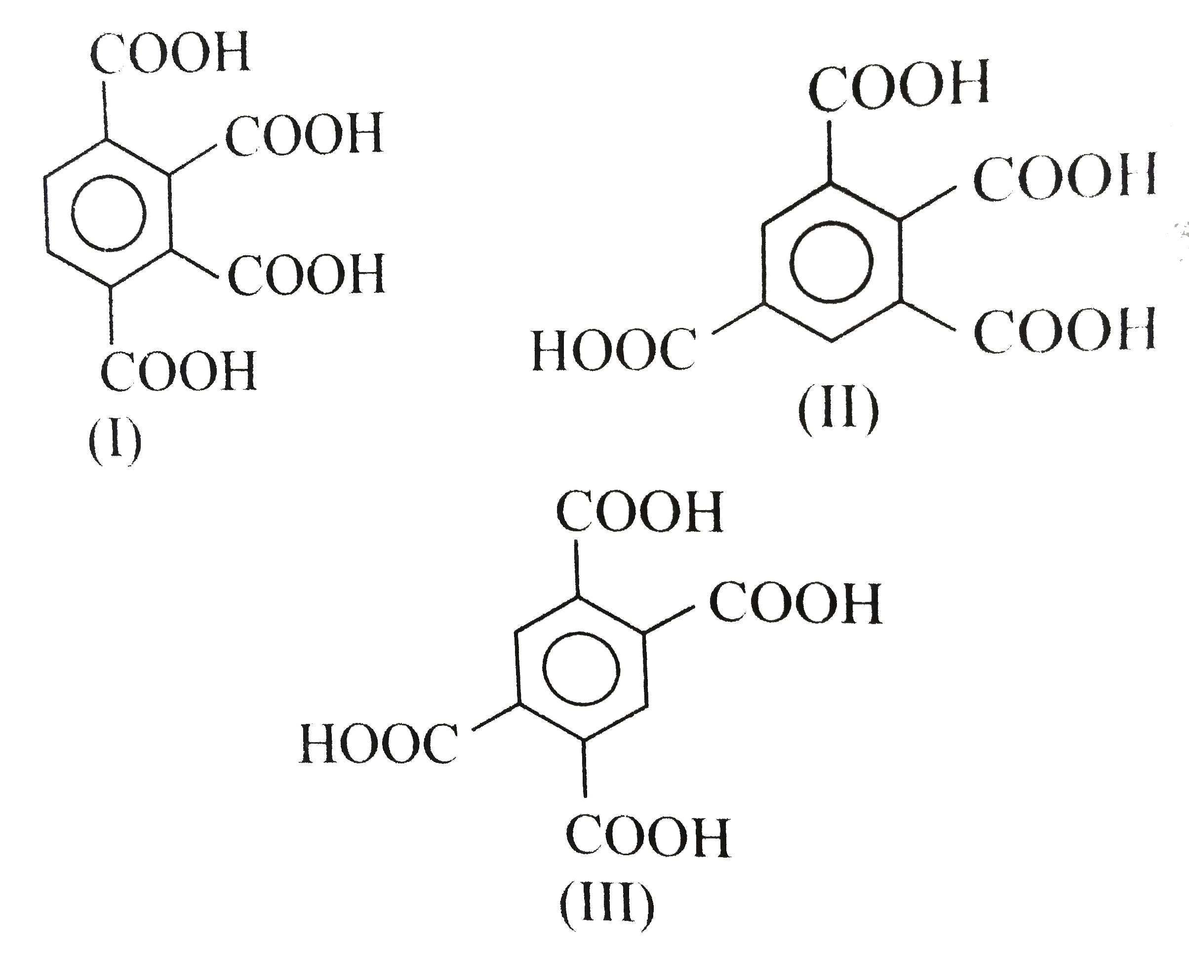 Three isomeric tetracarboxylic acids (I),(II), and (III) are given.      They can be distinguised by anhydride formation by treating with one equivalent and two equivalents of SOCl2.   Which tetracarboxylic acid on reaction with one equivalent of SOCl2 gives only one monoaanhydride ?
