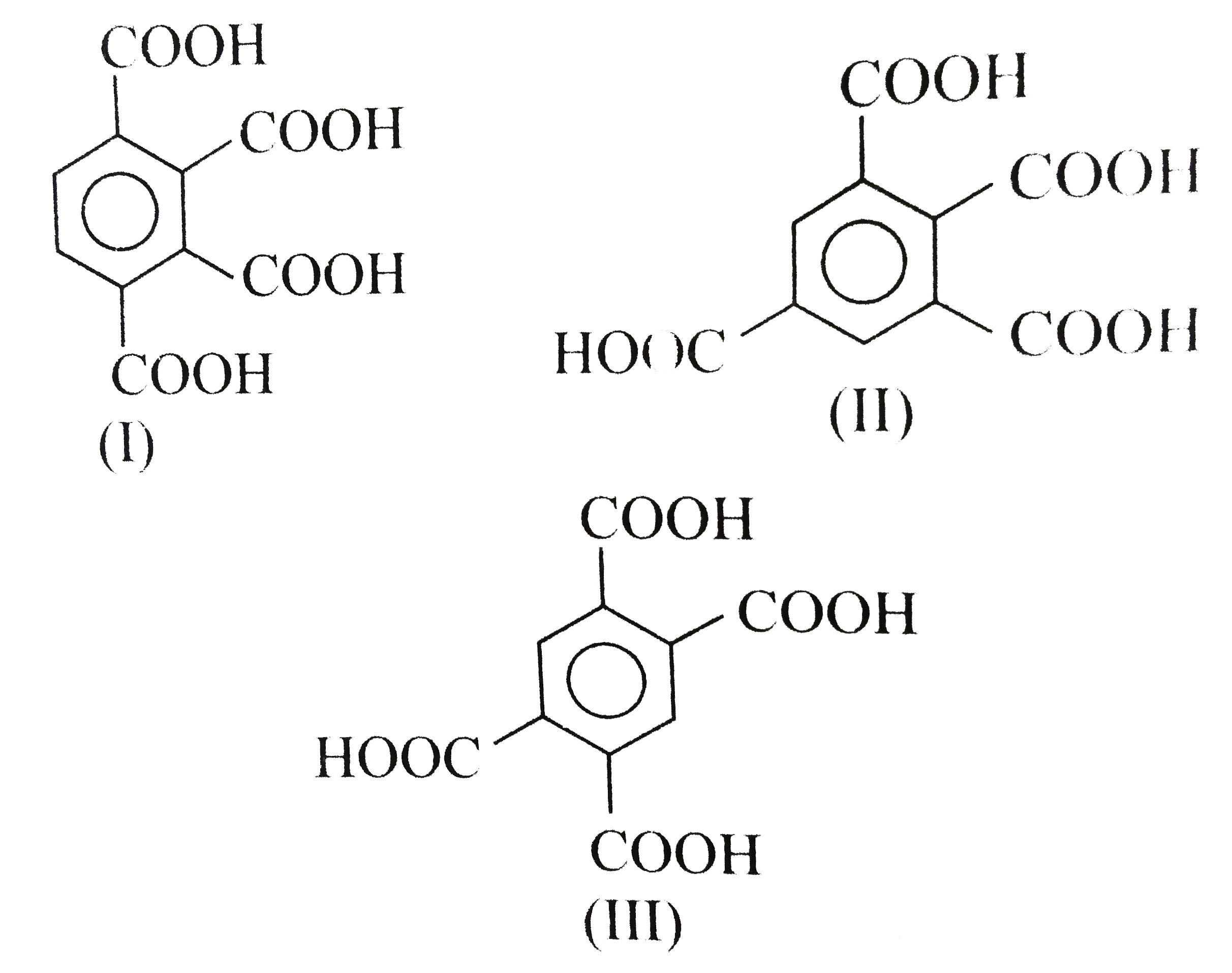 Three isomeric tetracarboxylic acids (I),(II), and (III) are given.      They can be distinguised by anhydride formation by treating with one equivalent and two equivalents of SOCl2.   Which tetracarboxylic acid on reaction with second equivalent of SOCl2 to the monoanhydride of (I), (II), and (III) gives a dianhydride ?