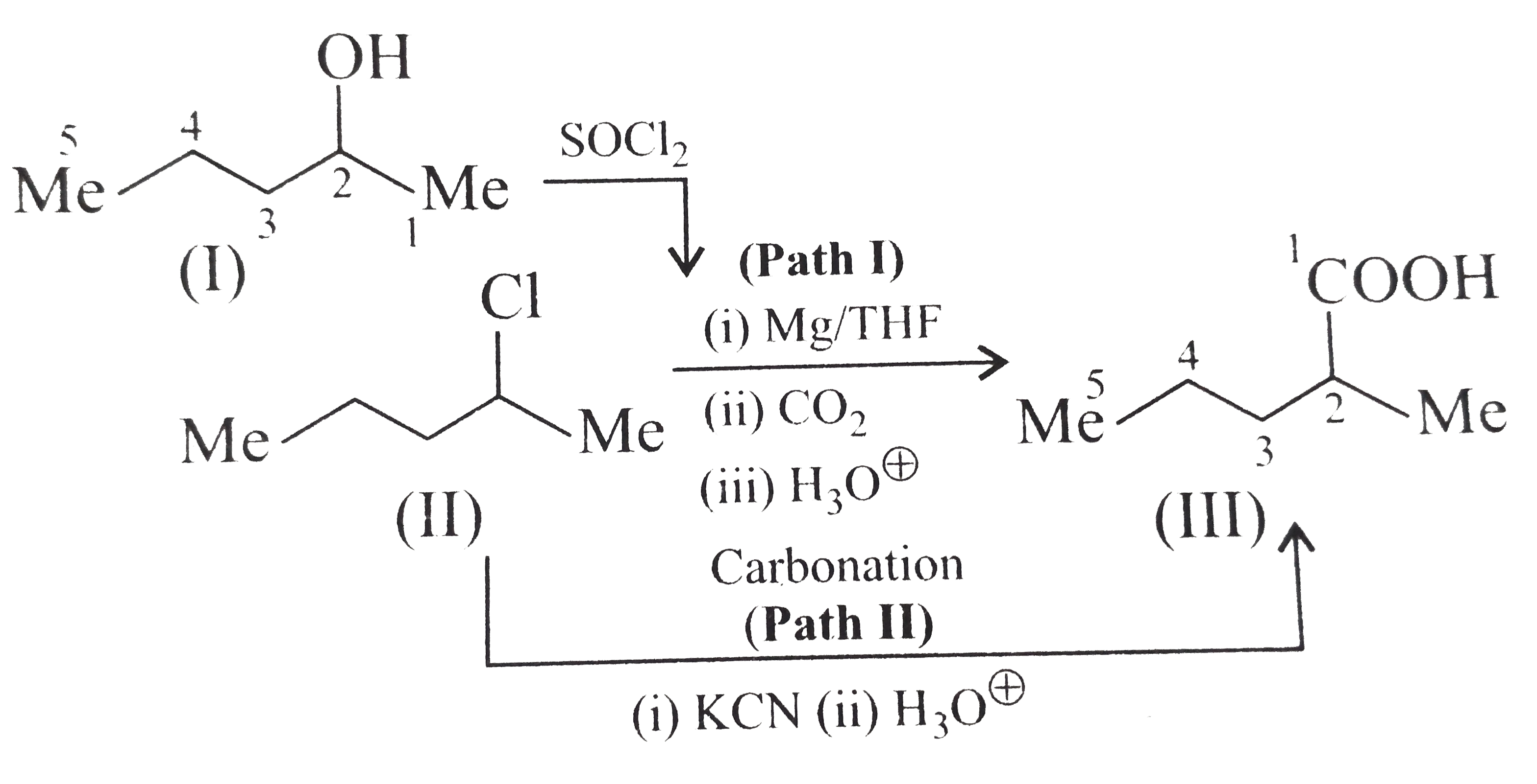 There are two paths for the preparation of 2-methyl pentanoic acid (III) from pentan-2-ol (I). Which path is feasible and why ?   .