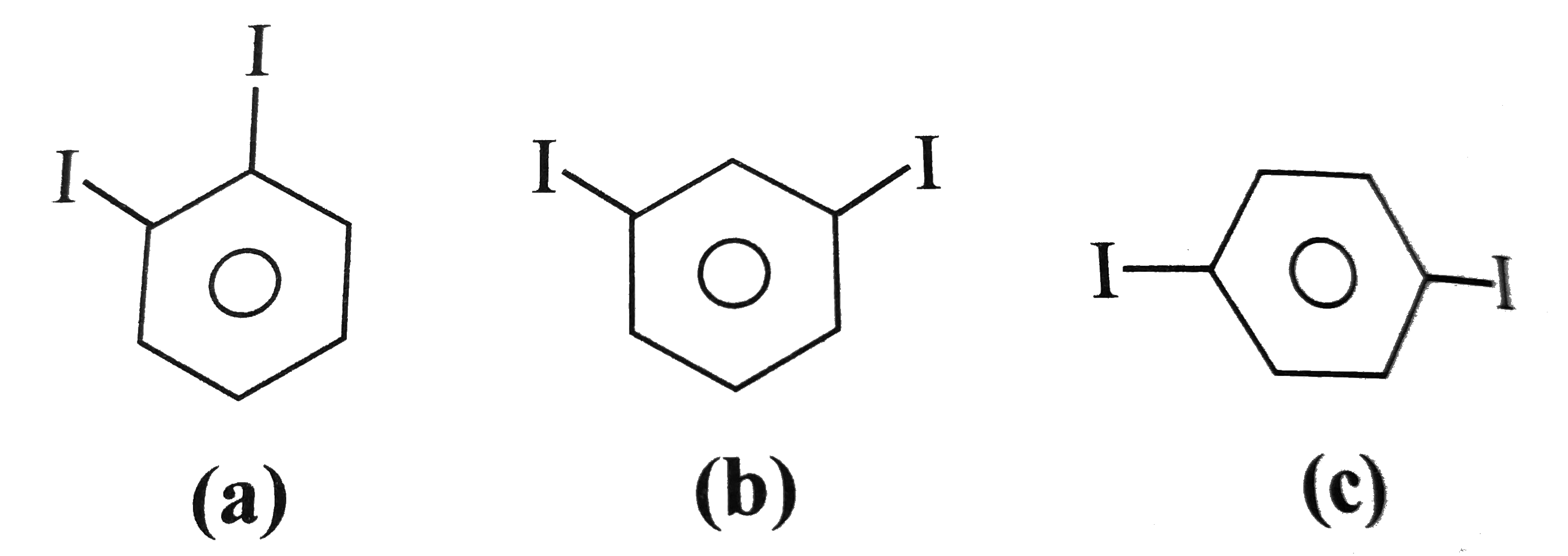 Calculate the I-I distance in each of the three isomeric diiodobenzenes Assume that the ring is a regular hexagon and that each C-I bonds lies on a line through the centre of the hexagon .   Given C -I bond length  =210 pm   The distance between two adjacent C-atom (i.e C-C)   =140 pm    .