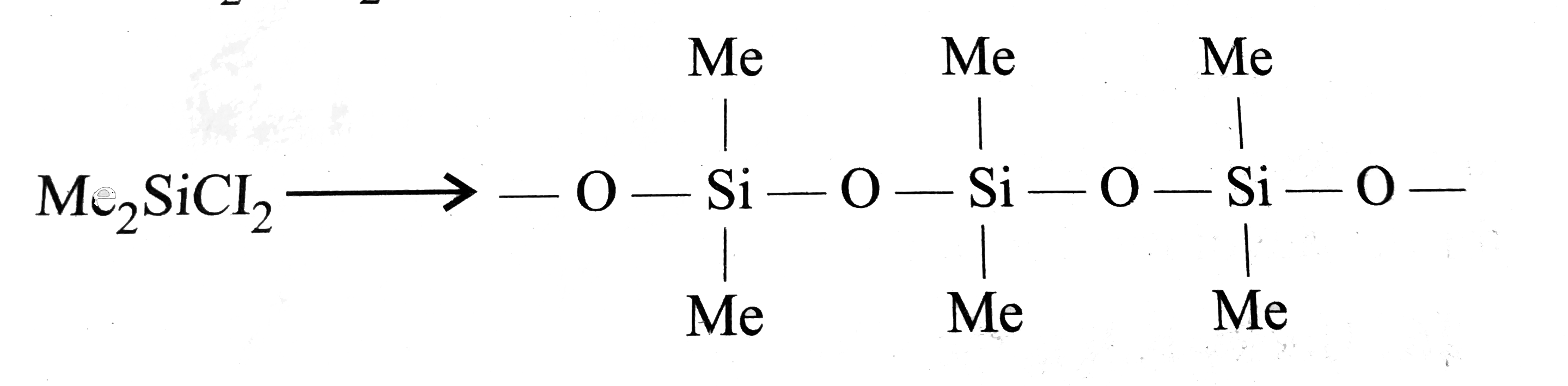 Silicones are synthetic polymers containing repeated R2 SiO units . Since the empirical formula is that of a ketone (R2 CO), the name Silicone has been given to these materials . Silicones can be made into oils , rubbery elastomers and resins . They find a variety of applications because of their chemical inertness , water repelling nature , heat resistance and good electrical insulating property .   Commerical silicon polymers are usuallly methyl derivatives and to a lesser extent phenyl derivatives and are  synthesised by the hydrolysis of    R2 SiCl2 [R = Methyl (Me ) or phenyl ( phi)]   .   If we mix SiMe3Cl with SiMe2Cl2 , we get silicones of the type .