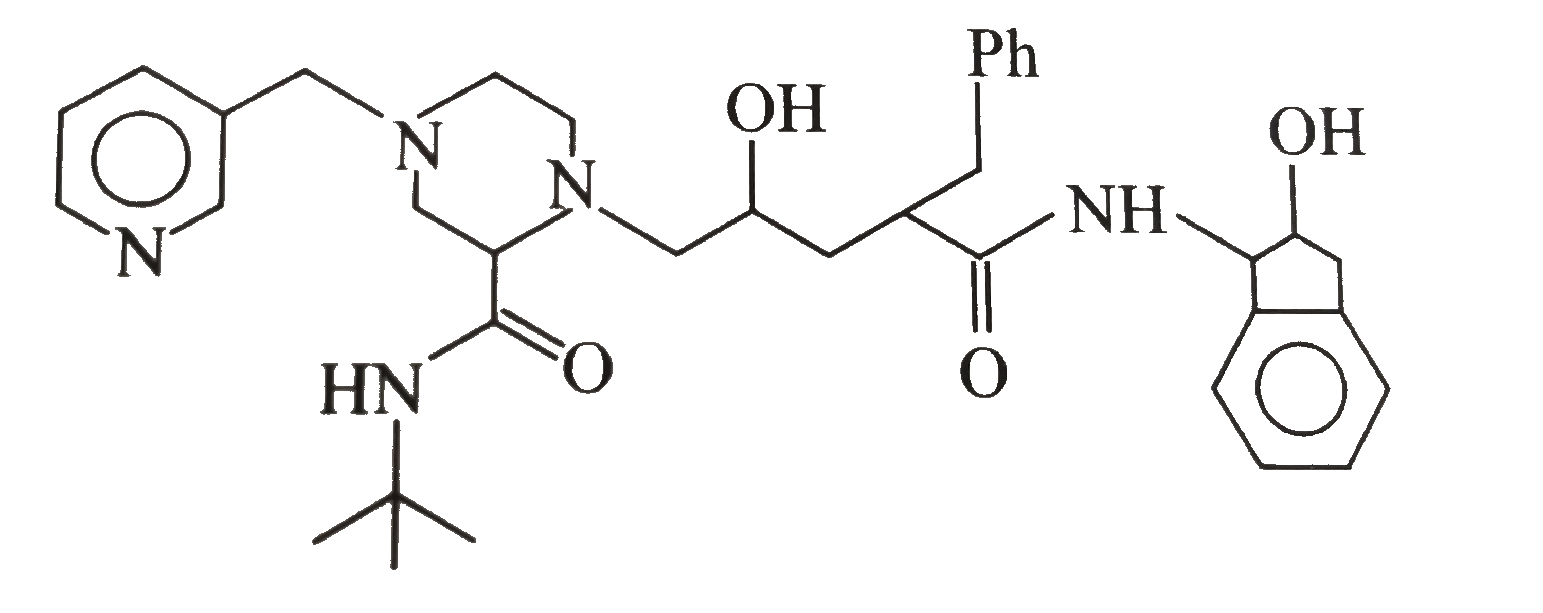 Crixivan, a drug produced by Merck and Co., is widely used in the fight at against AIDS (acquied immune dificiency syndrome). The sturcture of cirxivan is given below:      How may amide groups are present in the compound?