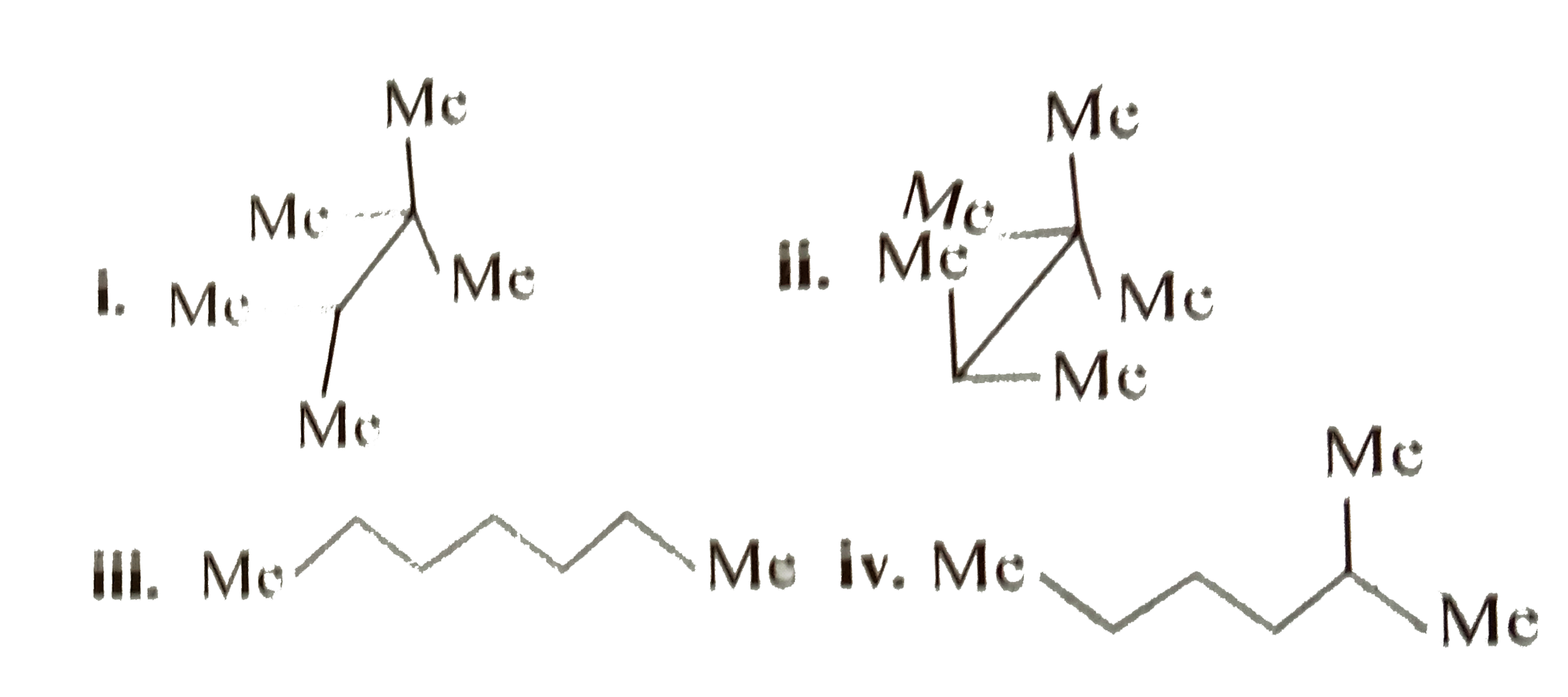 Arrange the following compounds according to the decreasing order of heat of combustion.   a. i. Pentane   ii. Hexane    iii. 2-Methyl butane   iv 2,2-Dimethyl propane   b. i.