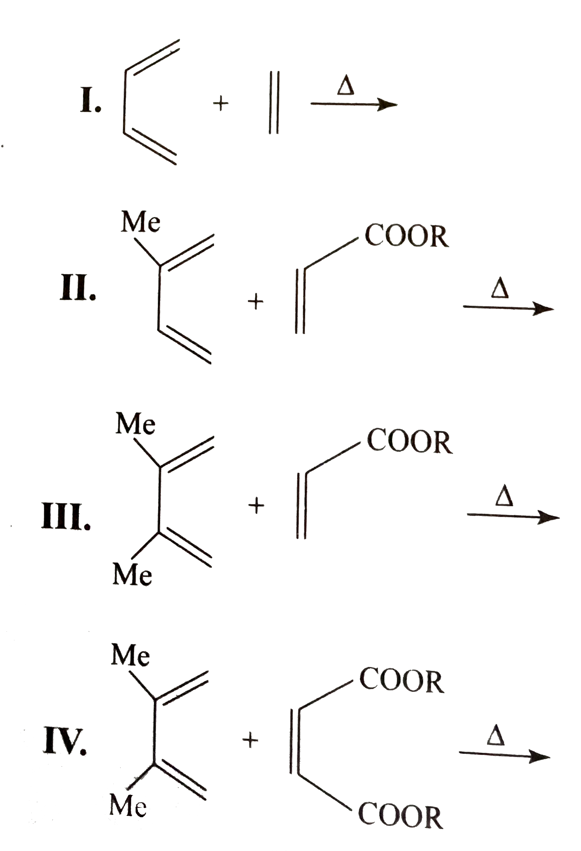 Give the decreasing order of reactivity of Diels - Alder reactions for the following :