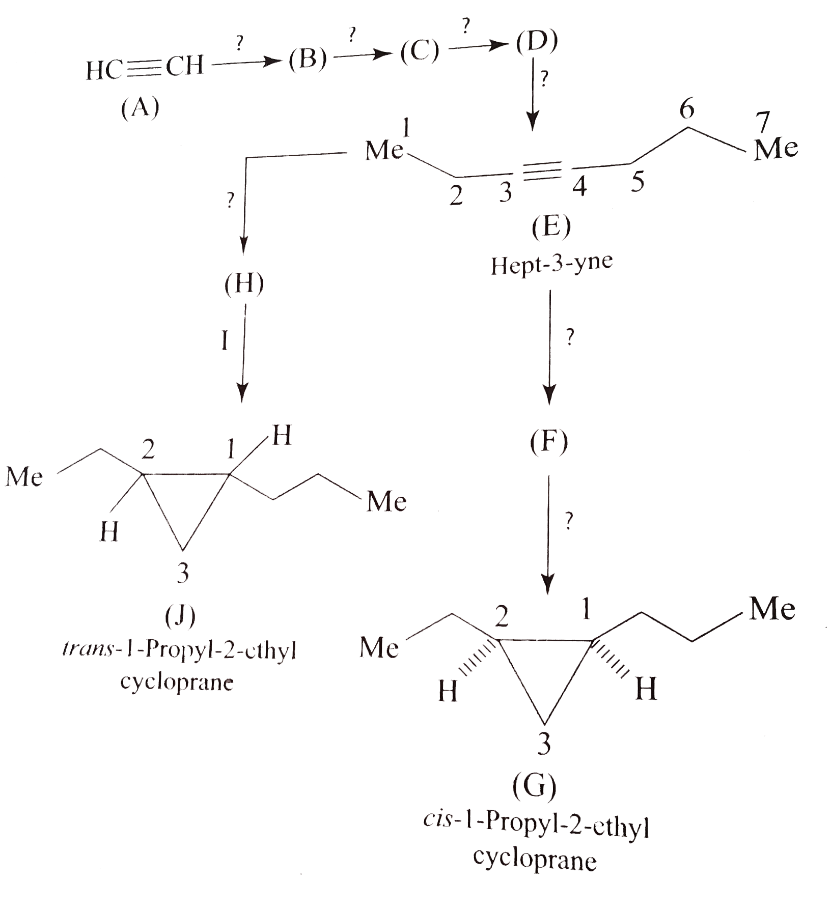 Complete the following reactions:   HC-=CHoverset(?)rarr(B)overset(?)rarr(C)overset(?)rarr(D)    The compounds (E) to (F) can be obtained by four different reagents. Give the names of the reagents.