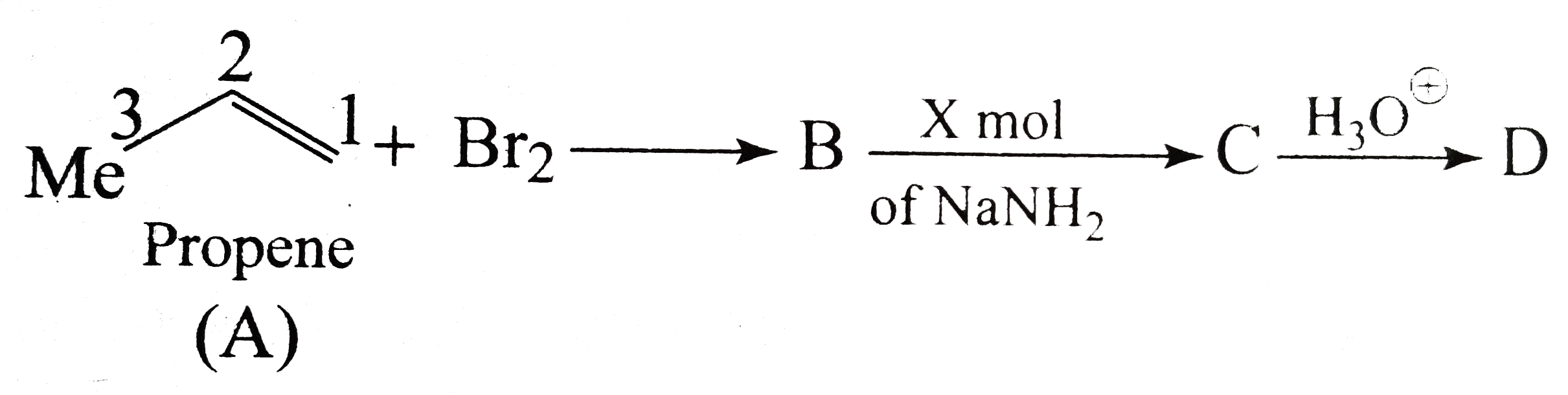 In the conversion of (B) to (C), how many moles of NaNH2 are used?