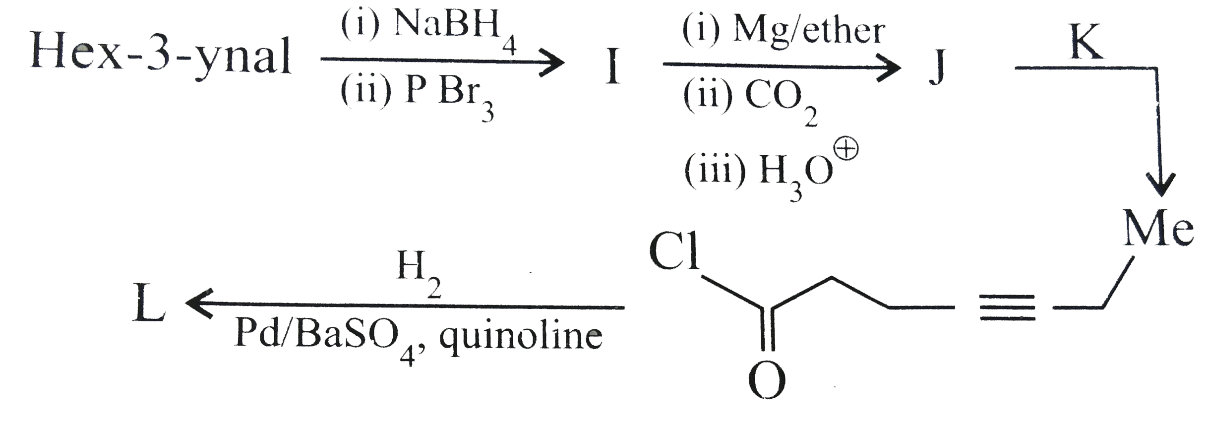 In the following reaction sequence, products I, J, and L are formed. K represents a reagent.      The structures of product I is :         The structures of compounds J and K, respectively, are :       The structure of product L is :
