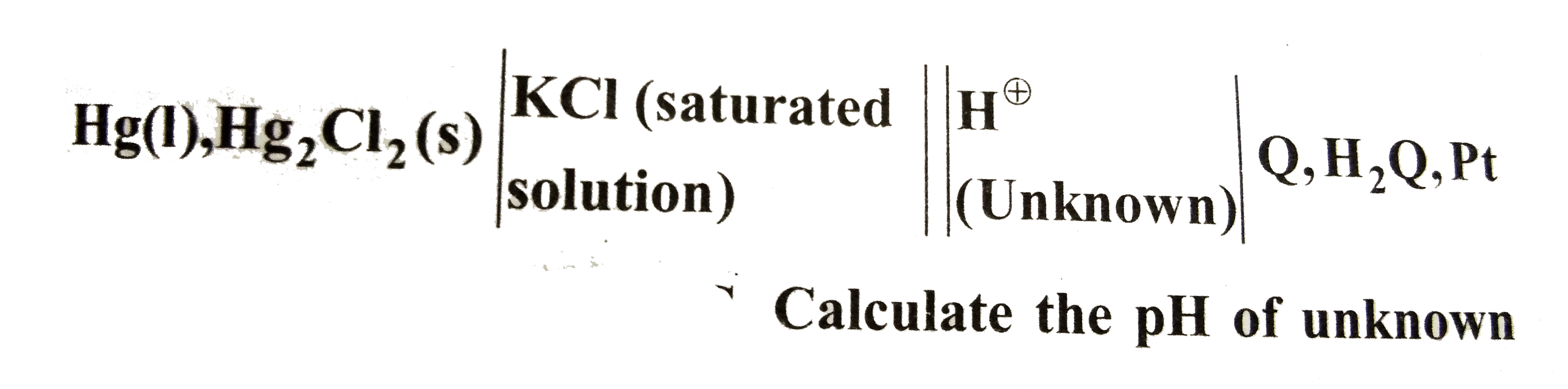 The quinhydrone electrode (Q,H^(o+)|H^(2)Q) is used in conjunction with a saturated calomel electrode, as represented below:        EMF(cell)=0.264V at 30^(@)C. Calculate the pH of unknown solution at this temperature.   Given :E(calomel)=0.24V and E^(c-).(2H^(o+),Q|H(2)Q)=0.7V
