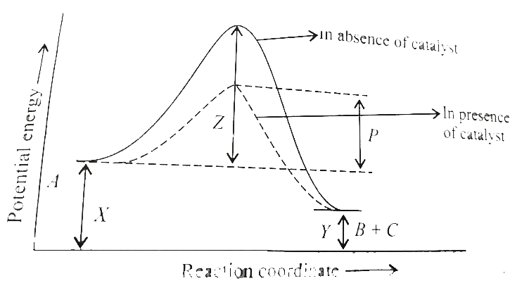 Substances which alter the velocity of a reaction by mere presence, without undergoing any change in mass and compossition are termed catalyst and the phenomenon is known as catalysis   For the reaction (ArarrB+C) , the energy profile diagram is given in the figure below.      The decrease in the energy of activation in the presence of catalyst is