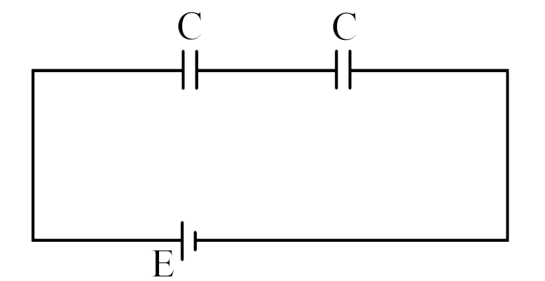 Two identical parallel plate capacitors of capacitance C each are connected in series with a battery of emf, E as shown. If one of the capacitors is now filled with a dielectric of dielectric constant k, the amount of charge which will flow through the battery is (neglect internal resistance of the battery)