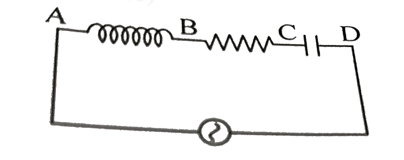 An ac voltmeter connected between points A and B in the circuit below reads 36 V. If it is connected between A and C, the reading is 39 V. The reading when it is connected between B and D is 25 V. What will the voltmeter read when it is connected between A and D ? (Assume that the voltmeter reads true rms voltage values and that the source generates a pure ac)
