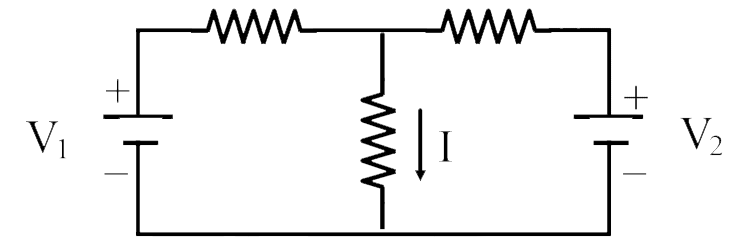 Two batteries V(1) and V(2) are connected to three resistors as shown below. If V(1) = 2V and V(2) = 0 V, the current I = 3 mA.  If V(1) = 0 V and V(2) = 4V, the current I = 4mA.  Now, if  V(1) = 10 V and V(2) = 10 V, the current I will be-