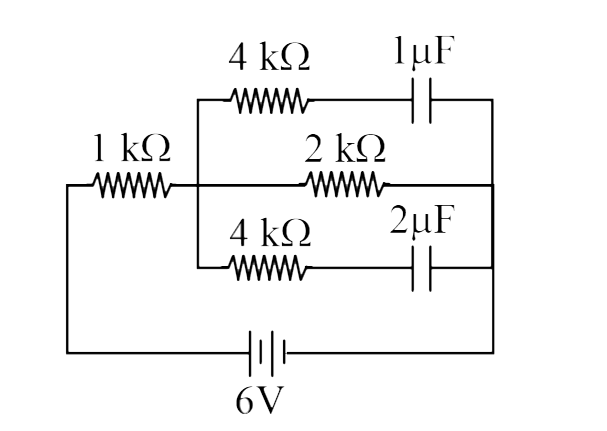 What are the charges stored in the 1 muF and 2 muFcapacitors in the circuit below, once the currents become steady ?