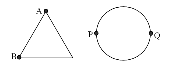 A uniform metallic wire of lenght L is mounted in two configurations. In configuration I (triangle), it is an equilateral triangle and a voltage V is applied to corners A and B. In configuration 2 (circle), it is bent in the form of a circle, and the potential v is applied at diameterically opposite points P and Q. The ratio of the power dissipated in configuration 1 to configuration 2 is.