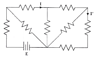 निम्न परिपथ में सभी प्रतिरोधों (resistors) का मान  समान है । I/I' का मान क्या होगा