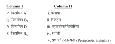 स्तम्भ (column) I के दिए गए विटामिनों को स्तम्भ II में विटामिनों के अभाव से होने वाले विकारों से सुमेल कीजिये।       सही संयोजन का चुनाव कीजिए।   A. P
−
i
v
,
Q
−
i
i
,
R
−
i
i
i
,
S
−
v
 B. P
−
I
,
Q
−
i
i
,
R
−
i
v
,
S
−
i
i
i
 C. P
−
i
v
,
Q
−
i
i
i
,
R
−
i
i
,
S
−
v
 D. P
−
i
i
i
,
Q
−
i
v
,
R
−
v
,
S
−
i