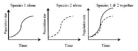 नीचे दिये गए आरेखों के आधार पर प्रजातियों 1 और 2 के मध्य पारस्पारिक अन्योंन्यक्रिया का सही प्रकार निम्न में से कौन सा है ?     A. अंतरजातीय परजीविता

 B. सहभोजिता

 C. सहोपकारिता

 D. स्पर्धा