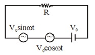 Three sources of emf,V(0) sinwt,V(0) coswt and V(0) are connected in series as shown. RMS value of current in the circuit is