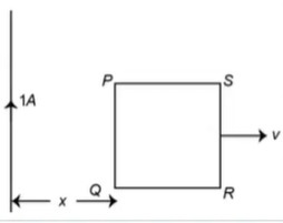 10 cm भुजा का एक वर्गाकार फ्रेम और 1 A धारावाही एक लंबा सीधा तार कागज के तल में है। तार के समीप से प्रारम्भ होकर, फ्रेम 10 ms^(-1)  की नियत चाल के साथ दाईं (आकृति देखिए) ओर गति करता है। उस समय, जब फ्रेम  की बाईं भुजा तार से  = 10 cm पर है तब, प्रेरित विद्युत वाहक बल क्या होगा?