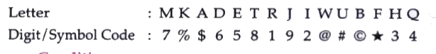 In each questions below is given a group of letters followed by  four combinations of digits / symbols  numbered (a),(b),(c ) and  (d).  You have to find  out which of the combinations correlty represents  the group of letters based  on the digit/symbol code of  each letters and the conditions that follow and mark your answer  accordingly. If none of the combinations correctly represents the group of letters  , mark answer (e ) i.e., None of these .      Letter : M K A D E T RJ I W U B F H Q.    Digit/ Symbol Code  :     Conditions :   (i) If the first letter is a  consonant and the last letter is a vowel both are to be coded as the code for the vowel .   (ii) If  the First letter is  a vowel and the last letter is a consonant the codes for the first and the  letters are to be interchanged .   (iii) If third  letter  is a vowel it is to be coded as delta .      WEMKUD