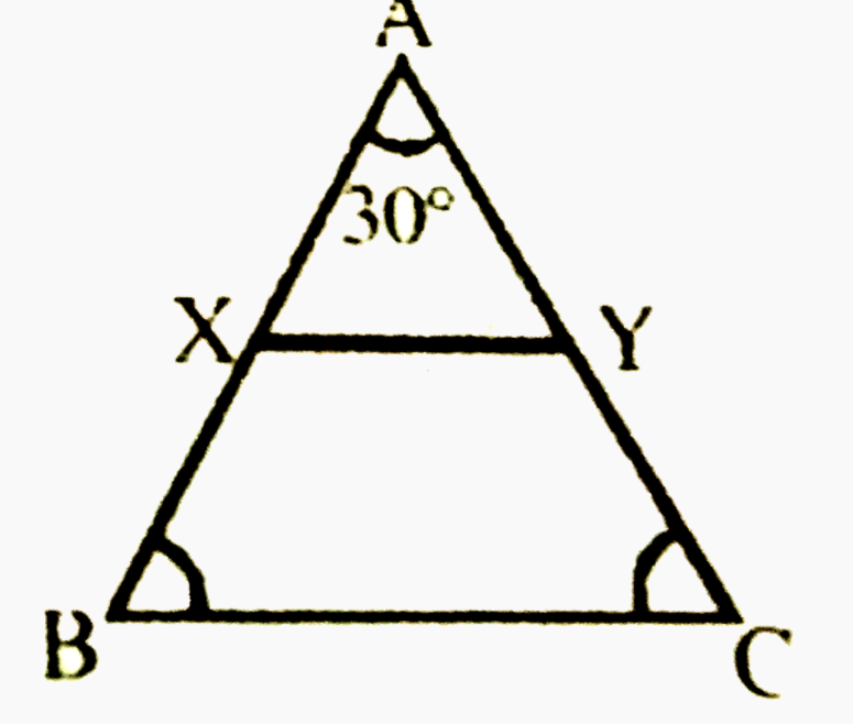 निम्न आकृति में ABC एक समद्विबाहु त्रिभुज है जिसकी भुजा AB = भुजा AC और XY समान्तर हैं BC के | यदि angleA=30^(@) हो, तो angleBXY डिग्री में निकालें |