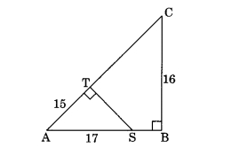 In the given figure, ∠T and ∠B are right angles. If the length of AT, BC and AS (in centimeters) are 15, 16, and 17 respectively, then the length of TC (in centimeters) is: