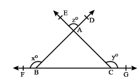In the given figure, two rays BD and CE intersect at a point A. The side BC of DeltaABC have been produced on both sides to points F and G respectively. If angleABF=x^(@),angleACG=y^(@)andangleDAE=z^(@)
