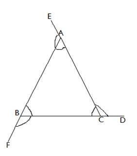 The side BC, CA and AB of DeltaABC have been produced to D, E and F respectively. angleBAE+angleCBF+angleACD=?