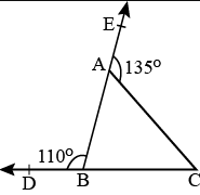In the given figrue, the sides CB and BA of DeltaABC have been produced to D and E respectively such that angleABD=110^(@)andangleCAE=135^(@).