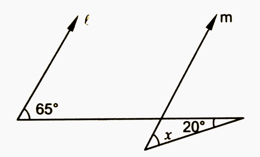 चित्र में, यदि रेखा l तथा m परस्पर समांतर हों तो x =