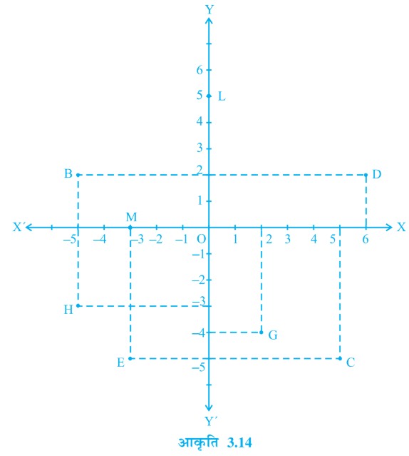 आकृति 3.14 देखकर निम्नलिखित को लिखिएः   (i) B के निर्देशांक   (ii) C  के निर्देशांक    (iii) निर्देशांक (-3, -5) द्वारा पहचाना गया बिंदु   (iv) निर्देशांक (2, -4) द्वारा पहचाना गया बिंदु    (v) D का भुज    (iv) बिंदु H कि कोटि    (vii) बिंदु L के निर्देशांक    (viii) बिंदु M के निर्देशांक