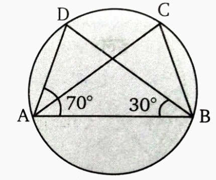 चित्र में समान वृत्तखंड में बने कोण ACB व ADB है तथा  angle DAB = 70 ^(@) तथा angle ABD = 30 ^(@) तब  angle ACB =