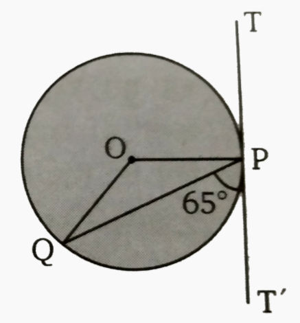 चित्र में वृत्त का केंद्र O  है तथा  TPT' वृत्त के बिन्दु  P  पर स्पर्शी है। यदि  angle QPT' = 65^(@) तो  angle POQ =