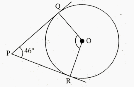 चित्र में, यदि O केन्द्र के वृत्त की PQ  और PR  दो स्पर्श रेखाएँ हैं और angleQPR = 46^(@), तो angleQOR  का मान होगा -