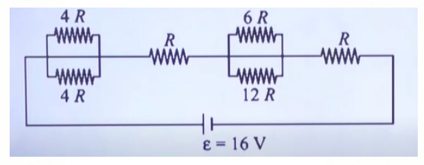 The resistive network shown below is connected to a D.C. source of 16 V. The power consumed by the network is 4 Watt. The value of R is :