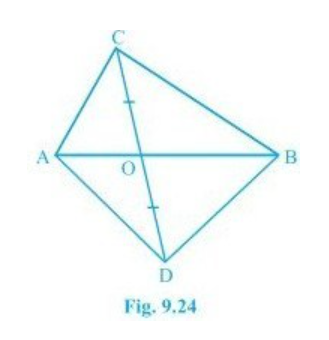 In Fig. 9.24,  ABC and ABD are two triangles on the same base AB. If line- segment CD is  bisected by AB at O, show that ar(triangleABC)=ar(triangleABD)