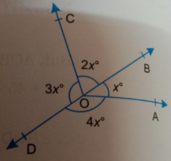 In the given figure, find the measure of each of the angles angleAOB, angleBOC, angleCOD and DOA