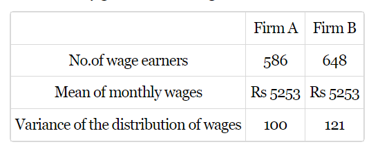 An analysis of monthly   wages paid to workers in two firms A and B, belonging to the same  industry, gives the following result       (i) Which firm A or B  pays larger amount as monthly wages? (ii) Which firm, A or  B, show greater variability in individual wages?