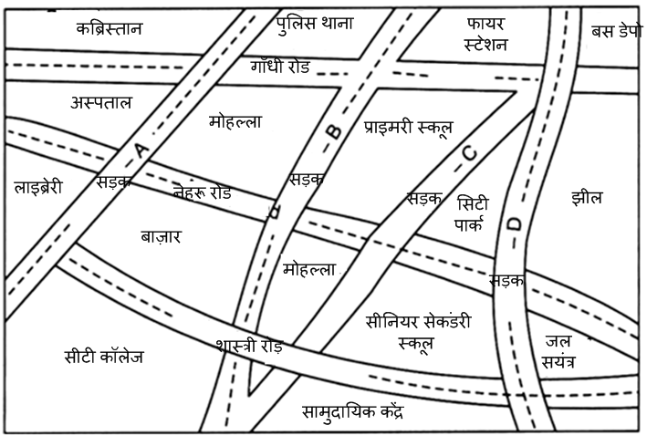 एक नगर के दिए हुए मानचित्र को देखिए। निम्नलिखित प्रश्न के उत्तर दीजिए :    <center></center>   सड़क C और नेहरू रोड के प्रतिच्छेदन पर एक हरा X तथा गाँधी रोड और सड़क A के प्रतिच्छेदन पर एक हरा Y खींचिए।