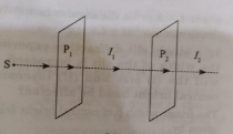 Light from a sodium lamp(S) passes through two Polaroid sheets P1 and P2 as shown in the figure. What will be the effect of the intensity of the light transmitted byP1 and  by P2 on rotating Polaroid P1 about the direction of  propagation of light? justify your answer in both cases.