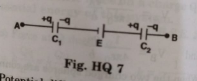 A circuit has a section AB as shown in Fig. HQ 7. The emf of the source equals E = 10V, the capacitor capacitances are equal to C1 = 1.0 muF and C2 = 2.0 muF and the potential differences VA - VB = 5.0 V. Find the voltage across each capacitor.