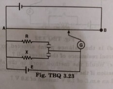 Figure shows potentionmeter circuit for comparison of two resistances. The balance point with a standard resistor R=10.0Ω is found to be 58.3 cm, while that with the unknown resistance X is 68.5 cm. Determine the value of X. What would you do if you failed to find a balance point with the given cell of emf E?